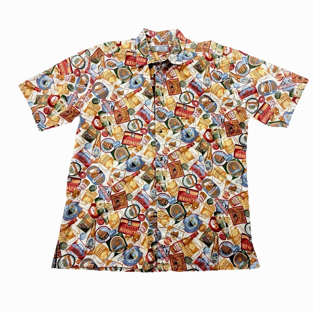Weekender Traveler Beer Print Hawaiian Camp Shirt Men's L Button Front